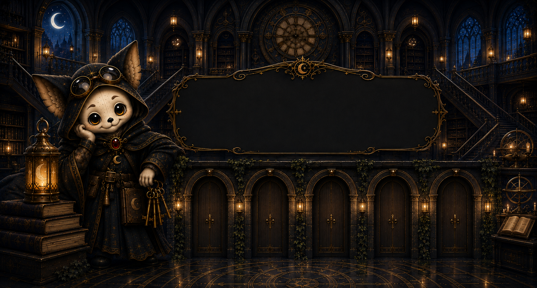 The moonlit Grand Atrium, with Runewick resting beside the Archive plaque and five doors waiting below